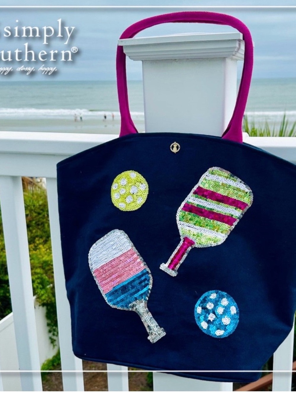 Simply Southern Navy Tote with Hot Pink Handles and Multicolor Sequin Paddles